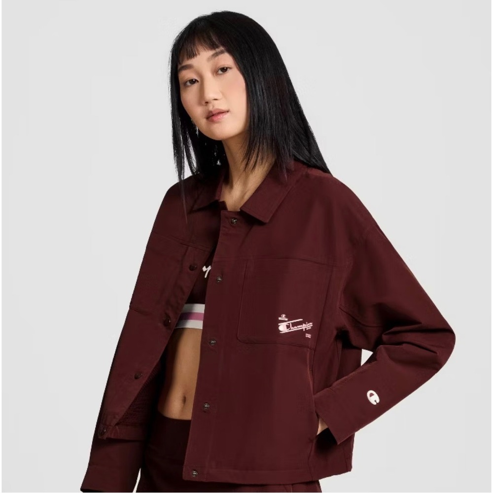 Champion Women Burgundy Snap Front Cropped Jacket Size Small